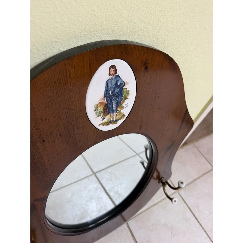 Vintage Wood Wall Mirror with The Blue Boy Ceramic Cameo and Brass Coat Hooks